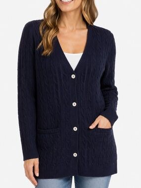 Marigot Women Size L Merino Wool Cashmere Navy Blue Cable Knit Cardigan Long USA